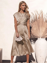 Damen Kurzarm Wickel Midi Hochzeitsgast Kleid – Beige