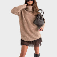 Nina | Damen Zweiteiler Pullover & Kleid stilvoll – Beiger Pullover und braunes Kleid