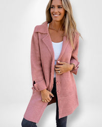 Knielanger Strickmantel mit Knopfverschluss für Damen – Rosa