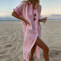 Strandkleid für Damen - Luftige Leinen-Optik Hemdblusenkleid für Sommer – Rosa