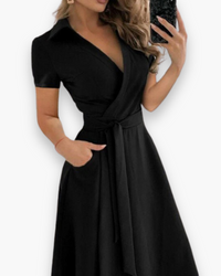 Damen Elegantes Kleid mit Gürtel | Midi – Kleid mit Wickel-V-Ausschnitt