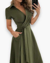 Damen Elegantes Kleid mit Gürtel | Midi – Armee Grün