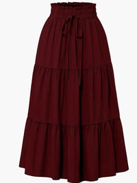 Damenrock mit Smockbund Eleganter Alltagsstil Midi Volantrock – Weinrot