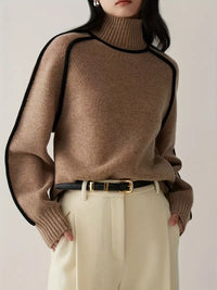 Pavekaya | Schicker zweifarbiger Colorblock-Pullover mit Rundhalsausschnitt für Damen – Kaffee