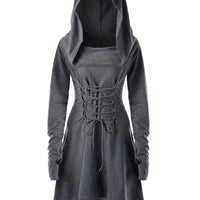 Damen Halloween-Kleid mit Kapuze | Schnürung & Asymmetrischer Saum – Dunkelgrau