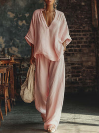 Jula | Zweiteiler mit V-Ausschnitt-Shirt und Hose – Rosa