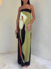 Sommerkleid für Damen - Leichtes Bandeau-Maxikleid mit tropischem Muster – Grün