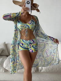 Catherine – 3-teiliges Bikini-Set mit Langarm-Cardigan für den Sommerstrand – Grün