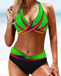 Samantha – Hohe Taille bunter Bikini Badeanzug – Dunkelgrün