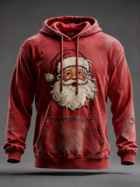 Men's Vintage Distressed Santa Claus Print Long Sleeve Hooded Sweatshirt – Rot