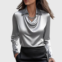 Emma | Damen Langarm Top Wasserfallkragen Fließend Elegant Feminin – Silber