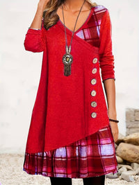 Alinor - Lässiges Kariertes Patchwork Kleid Mit Langen Ärmeln – Rot