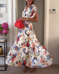 Carrie | Weiches Floral V-Ausschnitt Maxikleid – Weiß