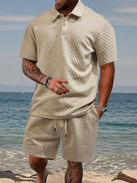Niall - Strukturiertes Set aus Poloshirt und Shorts – Beige