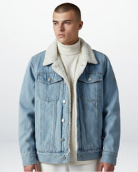 Gefütterte Jeansjacke für Herren mit flauschigem Hemdkragen – Blau
