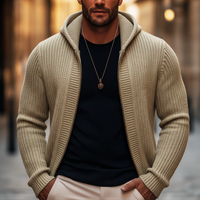 Men's Basic Solid Color Slim Fit Hooded Zip-up Knit Cardigan – Light Khaki