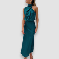 Flavia | Auffallendes Satin-Trägerkleid – Türkis