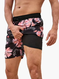 Herren-Badeshorts mit Kompressions- und schnell trocknendem Stoff – Schwarz-orangefarbene Gezeiten