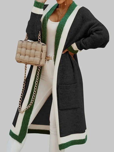 Rerchalha | Strickjacke mit Kontrastbesatz, stilvolles Langarm-Midikleid für den Herbst
