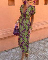 Naomi | Elegantes Maxikleid mit Puffärmeln für Frauen – Grün