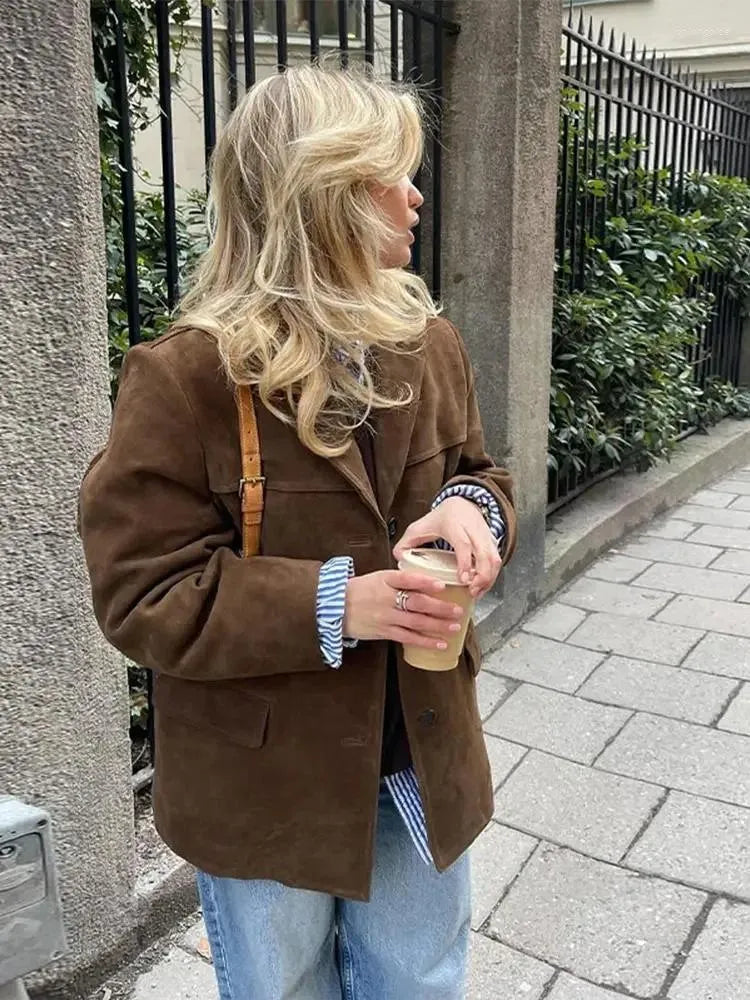 Reishana | Damen Vintage Jacke aus braunem Wildleder und Baumwolle