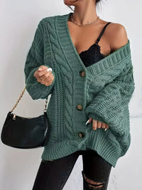 Livanenie | Lässiger Zopfmuster-Cardigan, gemütlicher Button-Up für Lagenlook – Dunkelgrün