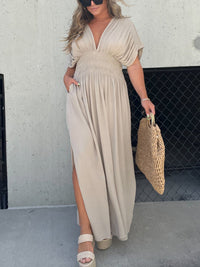 Slit V-Neck Effortless Maxi Long Dress – Apricot