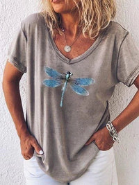 Eleanor | Libellenmuster V-Ausschnitt T-Shirt – Grau