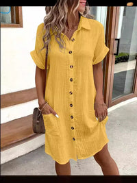 Buttoned Short Sleeve Pocket Casual Shirt Dress – Gelb