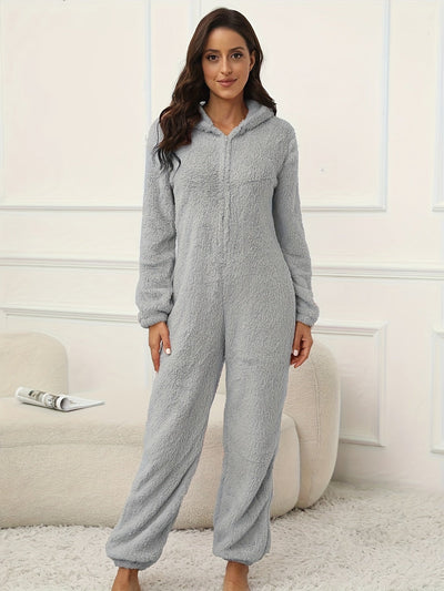 Leyorae | Einfarbiger Flauschiger Kapuzen-Lounge-Overall