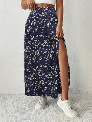 Maria | Floral bedruckter Maxirock mit hochtailliertem Design und Seitenschlitz – Dunkelblau