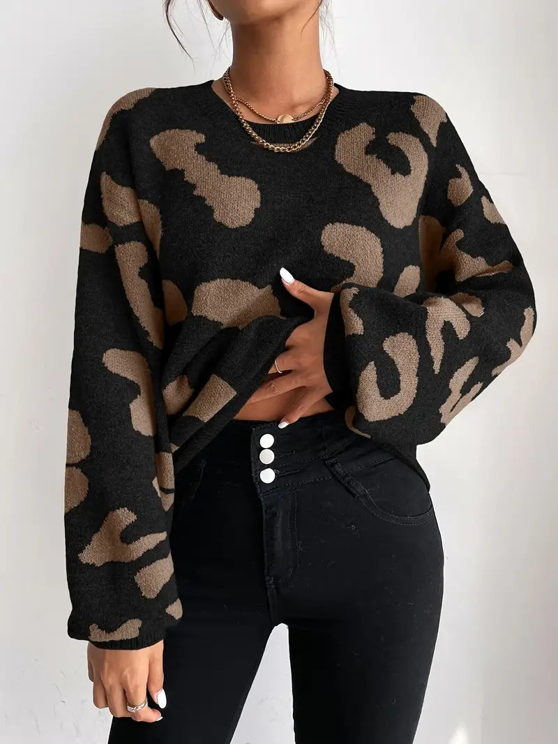 Cliala | Eleganter Pullover mit Rundhalsausschnitt und Geparden-Print und fließenden Glockenärmeln