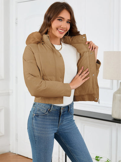 Zaviana | Damen wintermantel mit kapuze, taschen und langen ärmeln im cropped design