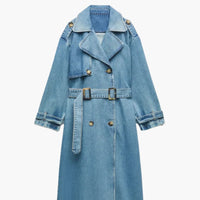 Langer Trenchcoat mit Gürtel für Damen – Blau