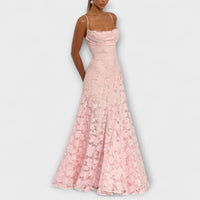Kairi - Elegantes Maxikleid mit Blumenspitze und Spaghetti-Trägern – Rosa