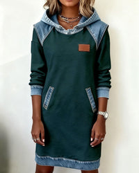 Viktoria – Lässiges Kleid Mit Kapuze und Denim Einsätzen – Grün