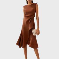 Olga | Asymmetrisch Ärmellos Midikleid – Kaffeebraun