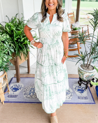 Julie | Toile Muster V-Ausschnitt Maxikleid – Grün