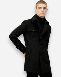 Gefütterte City-Winterjacke für Herren im Mantel-Look mit hohem Reißverschlusskragen – Schwarz