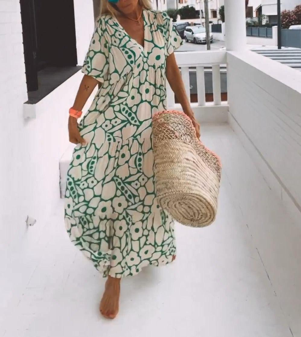 Marlena - Grünes Maxikleid mit kurzen Ärmeln
