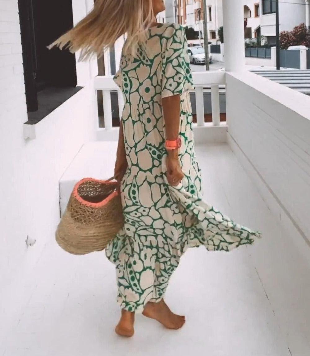 Marlena - Grünes Maxikleid mit kurzen Ärmeln