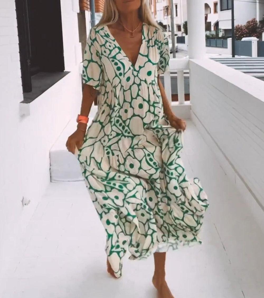 Marlena - Grünes Maxikleid mit kurzen Ärmeln