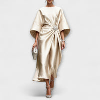 Elegant Shimmer Satin Maxi Dress – Beige