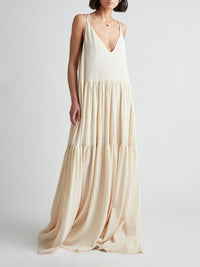 Sommerkleid für Damen - Luftiges Maxikleid mit V-Ausschnitt und Blumenmuster – Beige