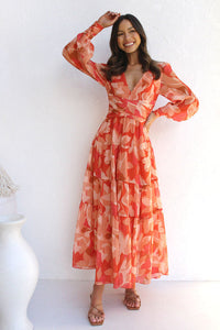 Penelope |  Florales Midikleid - V-Ausschnitt & Elegant – Orange