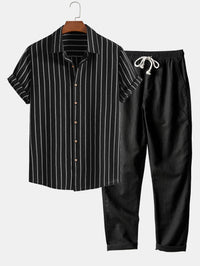 Emmerich-Set mit gestreiftem Kurzarmhemd und Hose mit Kordelzug – Schwarz
