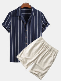 Gustav Gestreiftes Kurzarmhemd mit Shorts Set – Dunkelblau