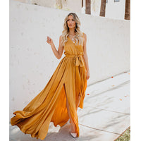 Heidi-Mode | V-Ausschnitt Ärmelloses Maxikleid mit Gerafftem Taillenband – Gelb