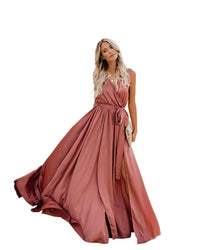 Heidi-Mode | V-Ausschnitt Ärmelloses Maxikleid mit Gerafftem Taillenband – Rosa
