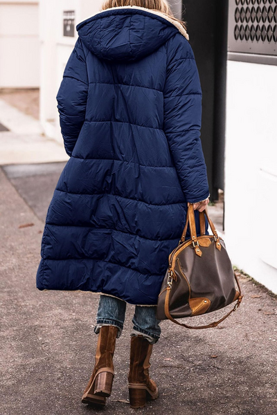 Kassiopeia | Langer, wendbarer Damenmantel mit Kapuze, Fleece-Futter und Taschen